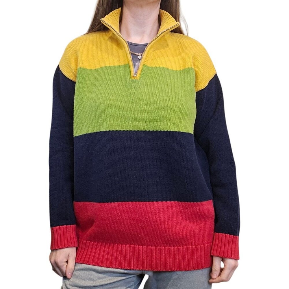 Retro 90s Womens Preppy Sweater Colorblock Quarter Zip Preppy M/L Cotton Chunky